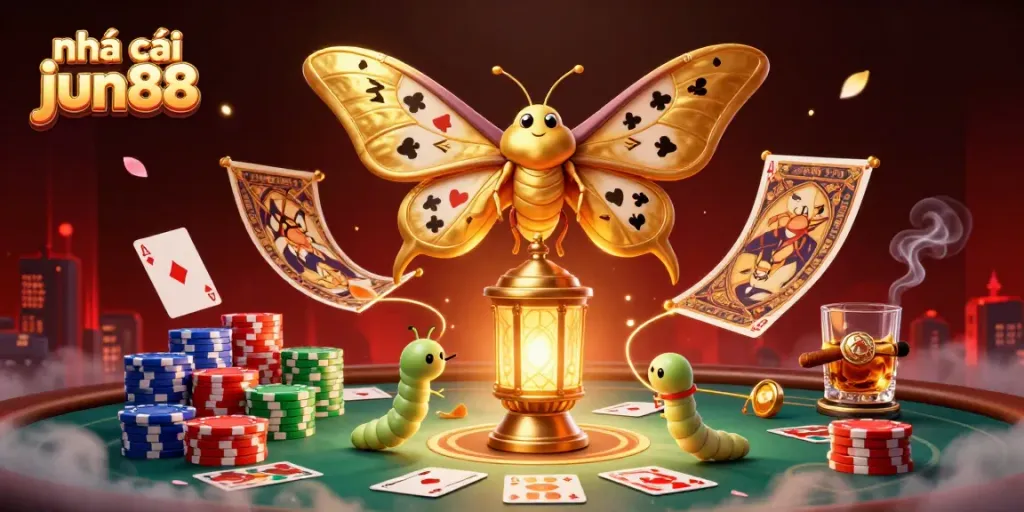 Engage with nhà cái jun88 through a captivating 3D illustration, showcasing rich casino elements and vibrant characters.
