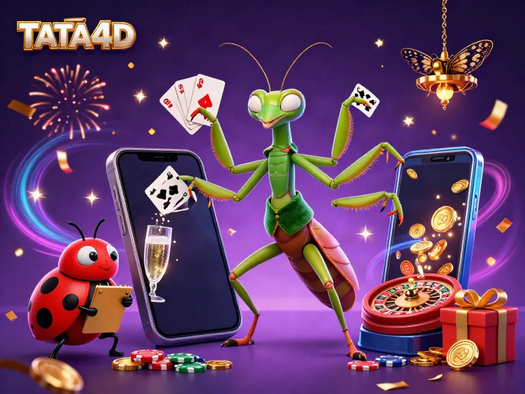 Engage in interactive gaming excitement with TATA4D's vibrant casino scene filled with joyful characters