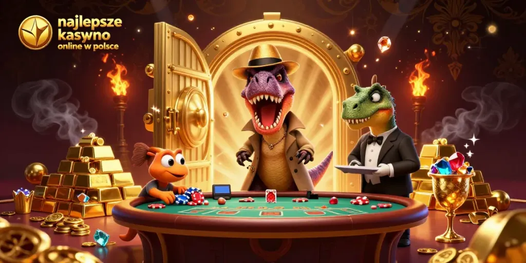 Experience the thrill of najlepsze kasyno online w polsce with a cartoon velociraptor at a blackjack table, surrounded by gold treasures.