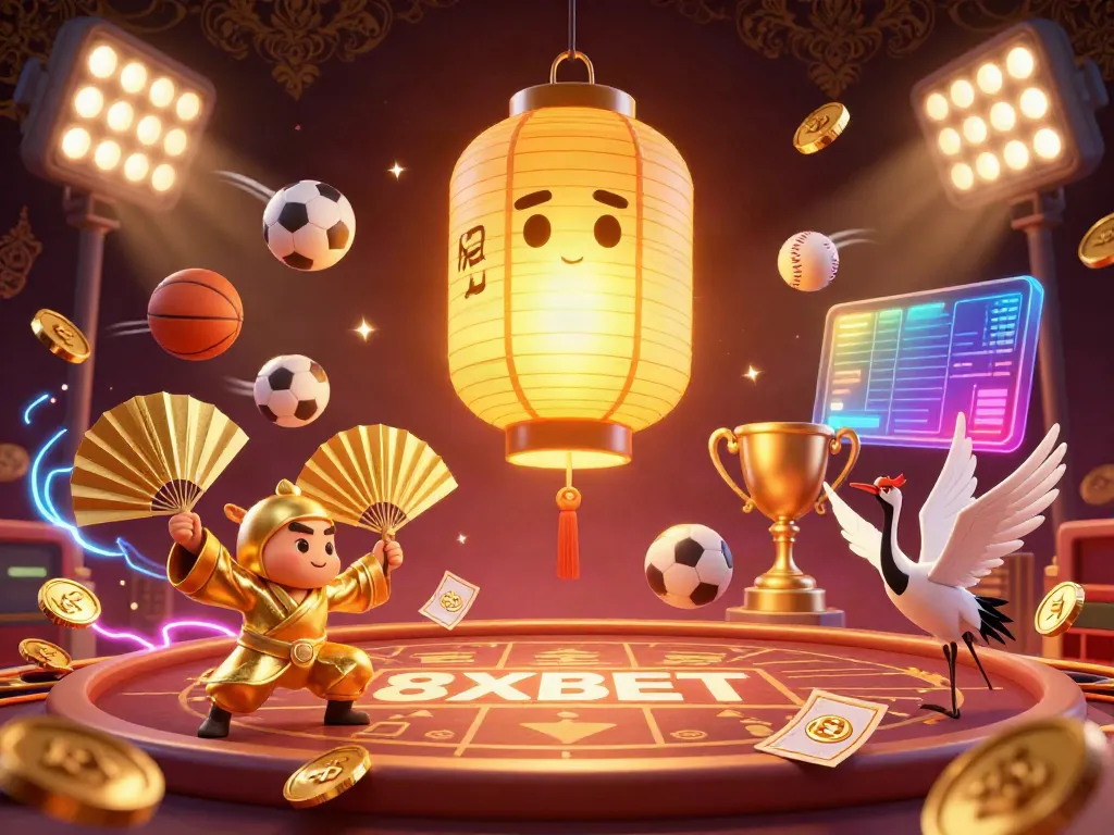 8XBET casino scene bringing luck with golden lantern spirit, fan warriors, and vibrant game elements.