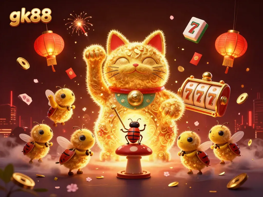 Experience the enchanting world of gk88 with a giant lucky cat surrounded by vibrant casino symbols.