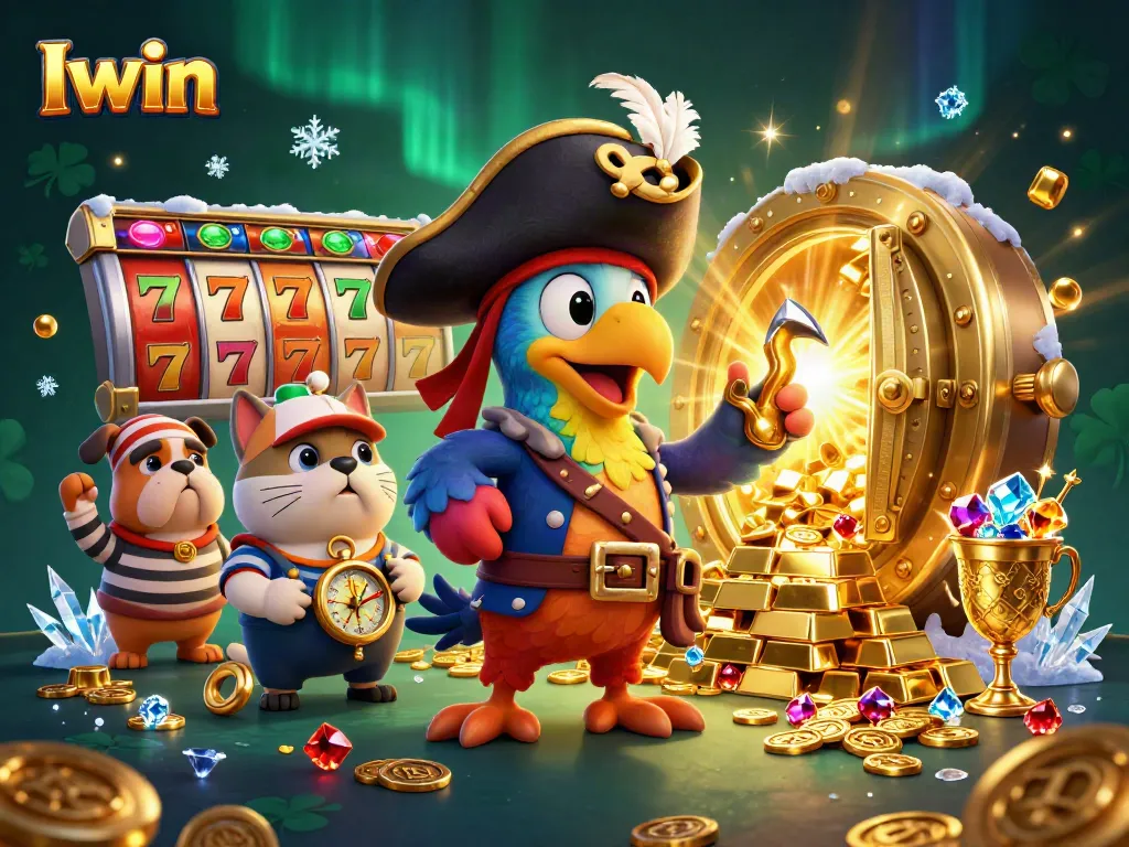 Iwin casino scene featuring a pirate parrot, bulldog, and cat among jackpot slots and treasure.