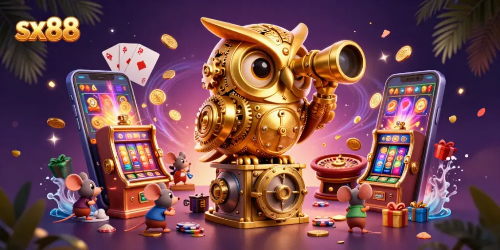 Engage with the vibrant sx88 casino scene featuring a clockwork owl and exciting game elements.