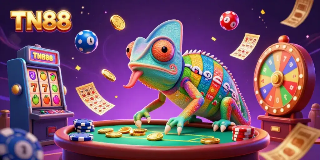 Experience the vibrant world of TN88 with a colorful casino scene featuring a chameleon owner and dynamic gaming elements.
