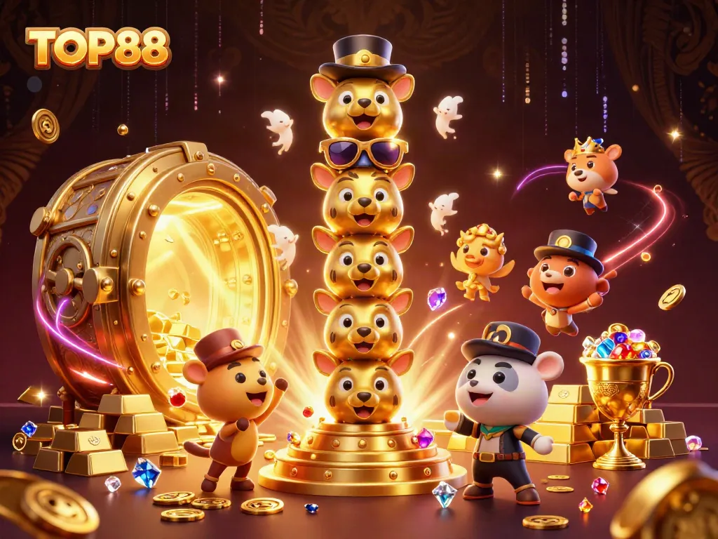 Engage in thrilling gameplay with TOP88's dazzling casino scene filled with gold and gems.
