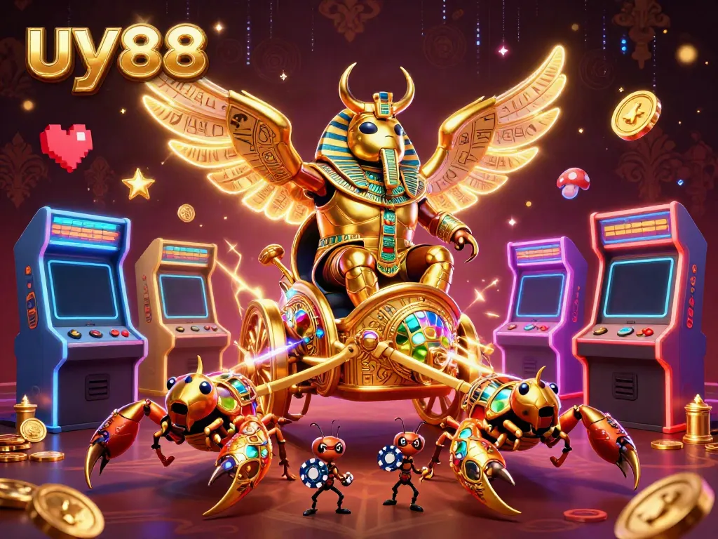 Experience thrilling gameplay with uy88, featuring a gold scarab beetle and casino elements in 3D style.