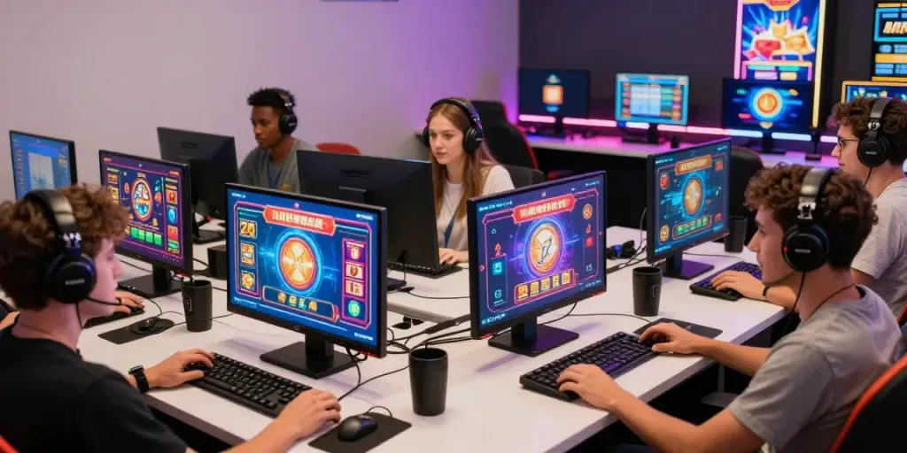 Players enjoying situs slot gacor games in a modern gaming lounge with vibrant atmosphere.