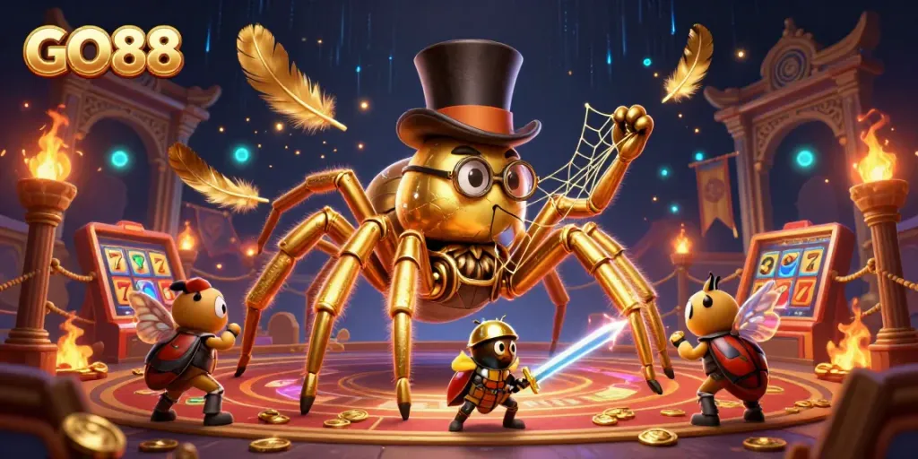 Experience thrilling gaming dynamics at GO88 with a golden tarantula weaving fortunes and a beetle knight bravely approaching.