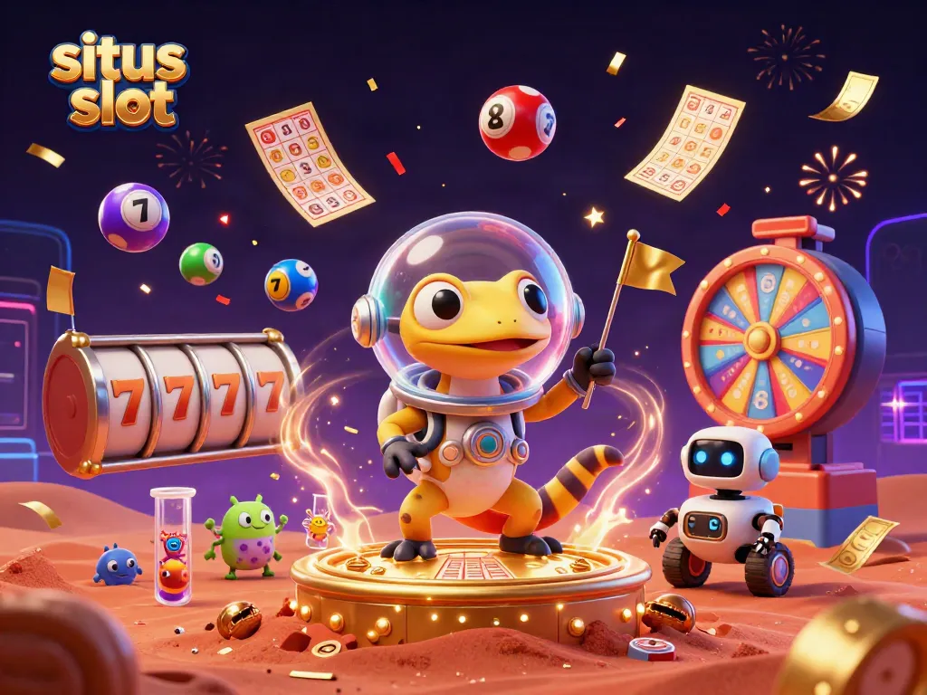 Chart your luck at situs slot with a Martian gecko discovering hidden casino treasures in a vibrant cosmic scene.