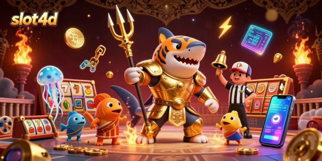 Menangkan slot 4d dengan ilustrasi kasino yang menampilkan hiu kartun dalam armor perak dan elemen permainan slot yang megah.