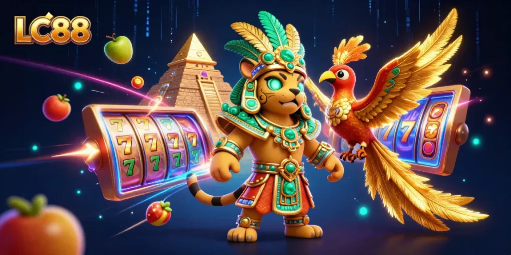 LC88 engages players with a Mayan priest and vibrant slot reels in a dynamic casino scene.