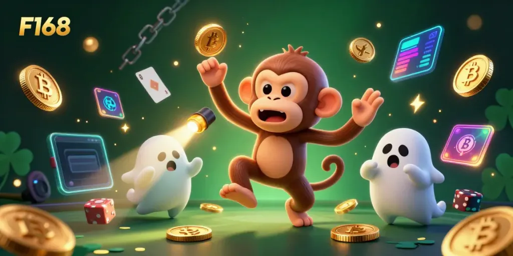 F168 offers an exciting casino atmosphere through a lively illustration of a playful monkey and a curious puppy.