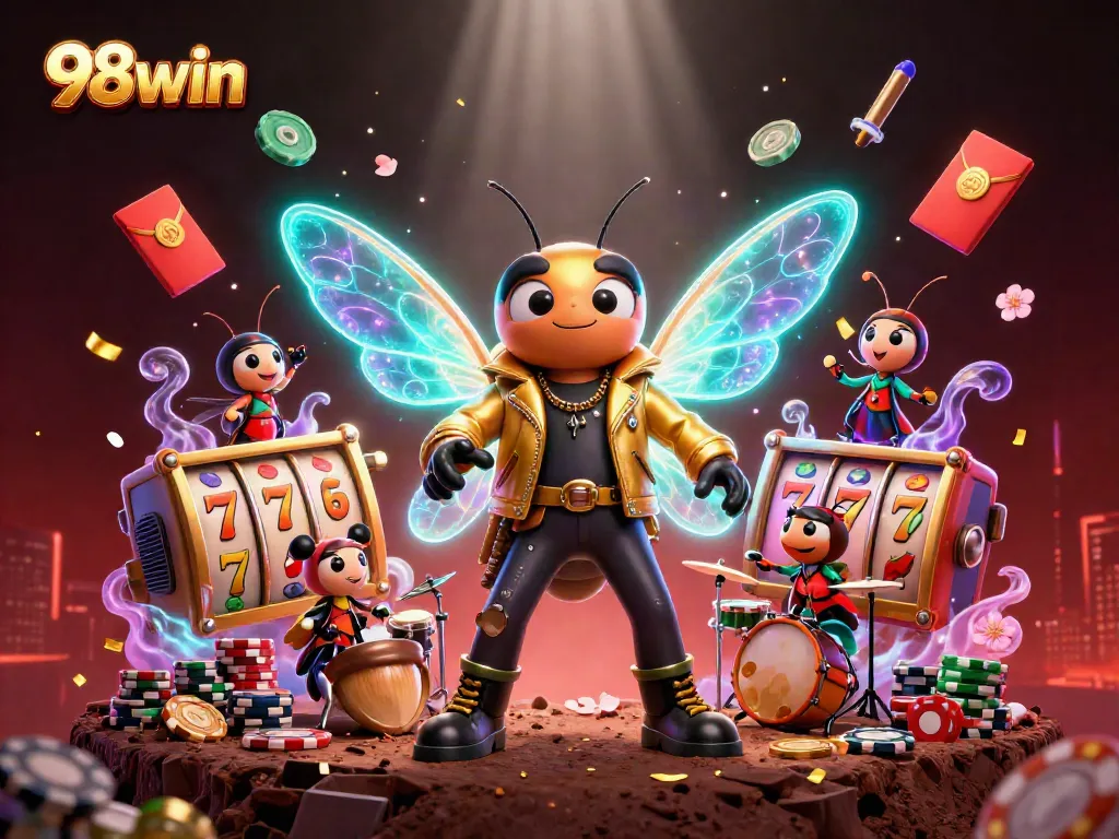Experience the excitement of 98win casino with dynamic spinning slot reels and vibrant characters.
