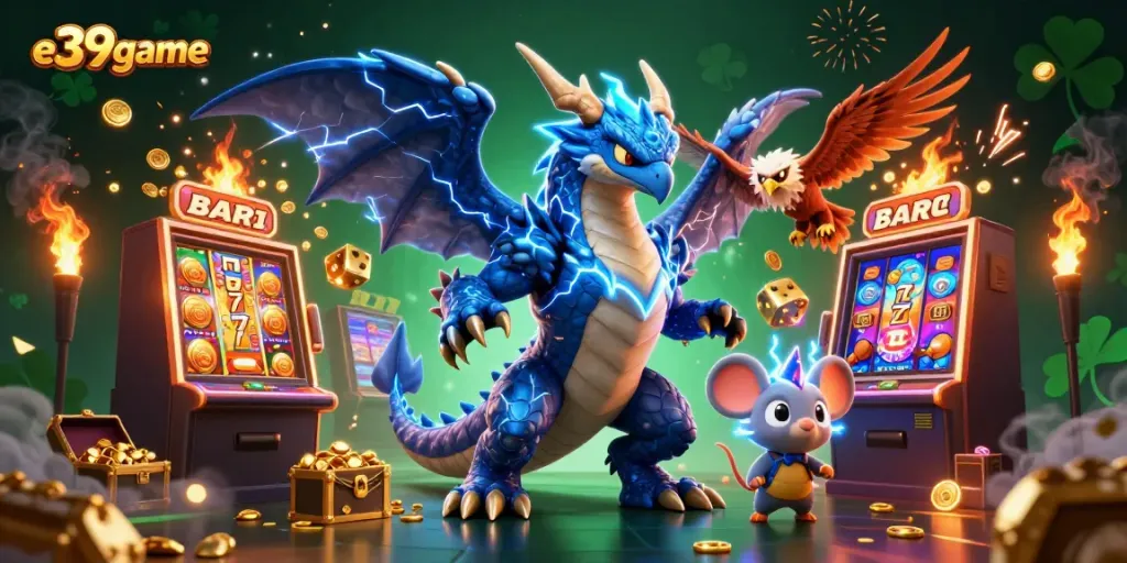 Experience an electric e39game with a thunder dragon and jackpot excitement in a dynamic casino scene.