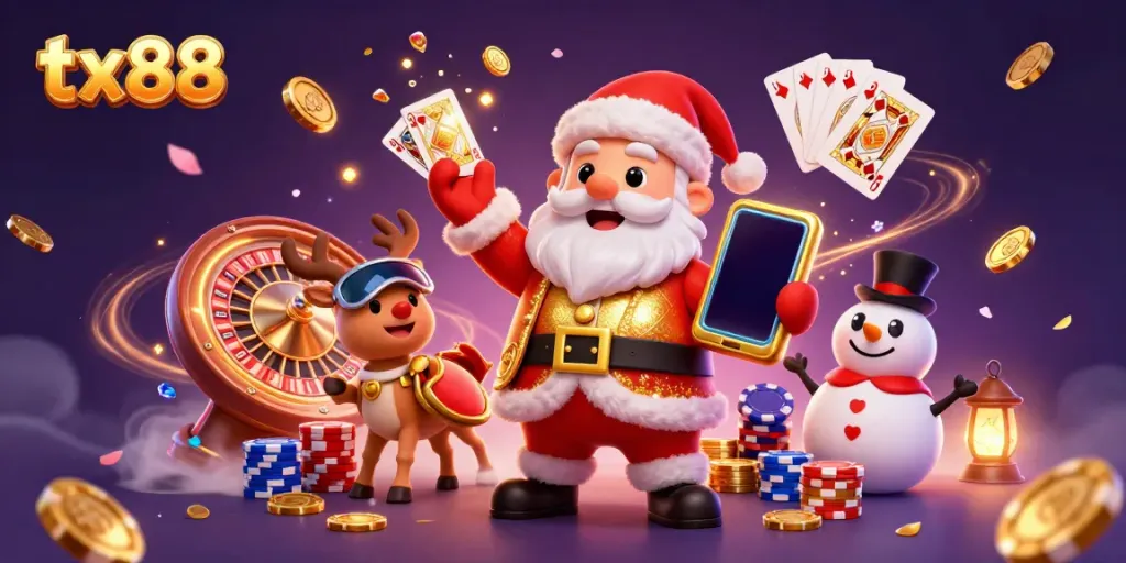 Feel the thrill with tx88, as Santa and friends celebrate winning on slot machines and casino games.
