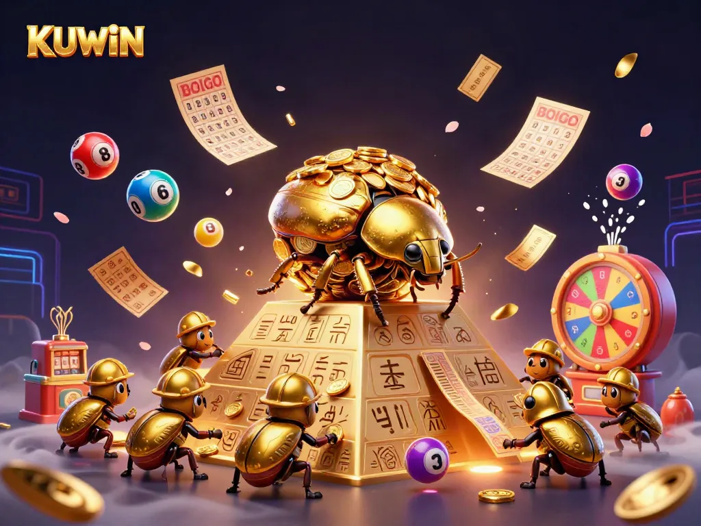 Engaging KUWIN-themed illustration showing a golden dung beetle involved in exciting casino activities.