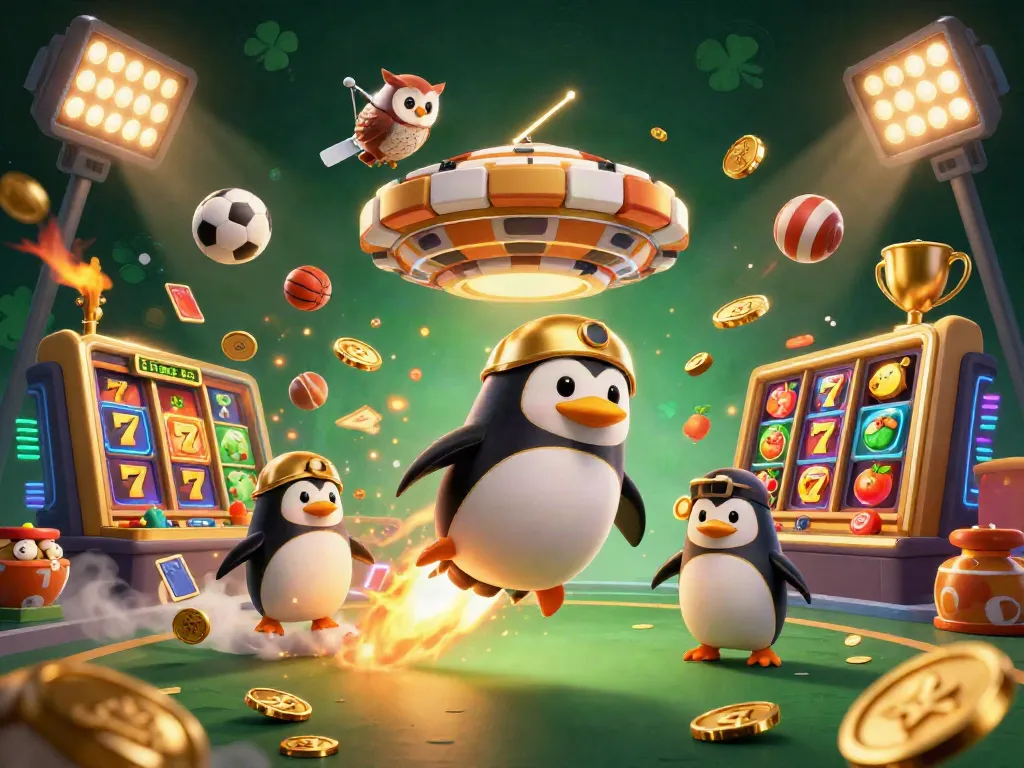 Experience the excitement of T19 with a dynamic 3D illustration of a golden penguin and casino elements.