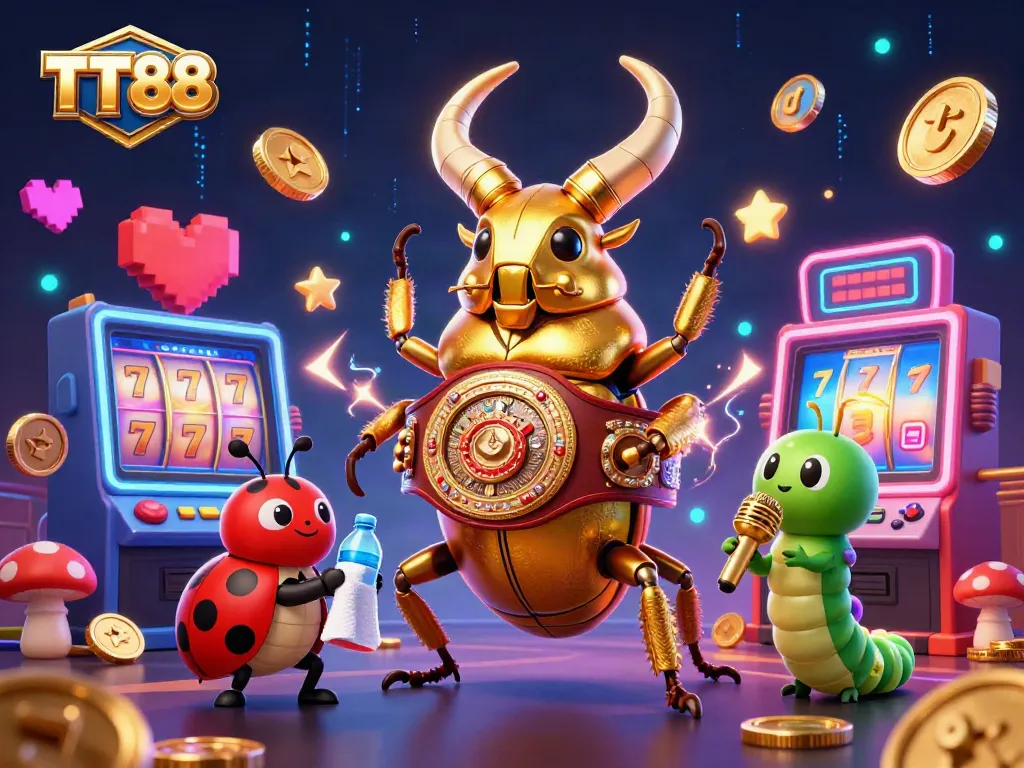 TT88 provides exciting slot game action with colorful machines and winning elements in a vibrant, dynamic scene.