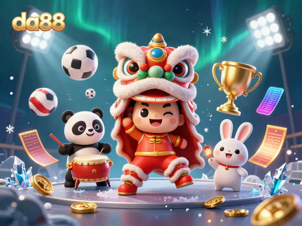 Experience the da88 casino with lively lion dancers and sports elements in a vibrant 3D scene.