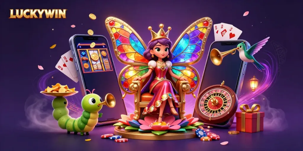 Engage in thrilling gameplay at LUCKYWIN with a vibrant 3D illustration depicting a butterfly queen and casino elements.
