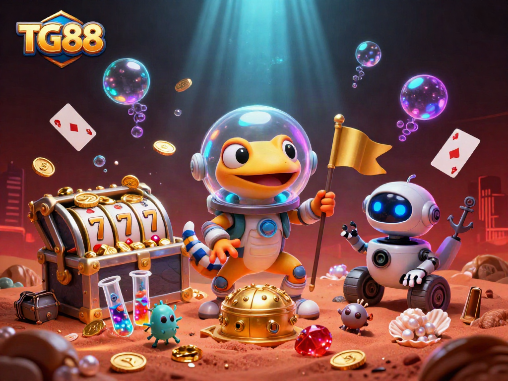 Experience thrilling gaming at TG88 with a Martian gecko discovering a golden casino.
