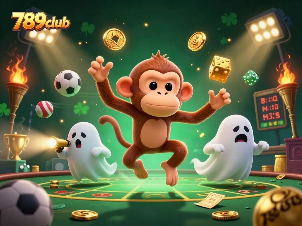Experience the thrill of 789club as a mischievous monkey juggles gold in a haunted casino.