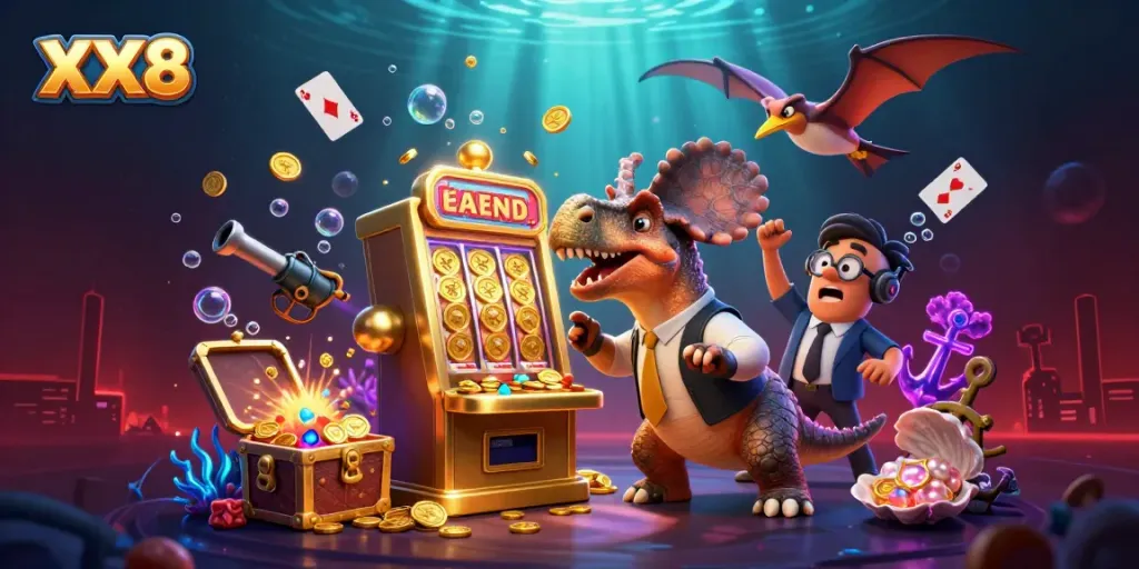 Catch big wins at XX8 with a cartoon dinosaur and golden jackpot coins in a colorful casino scene.
