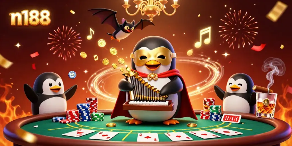 Engage in thrilling gambling action at n188 with vibrant casino elements and characters promoting excitement.