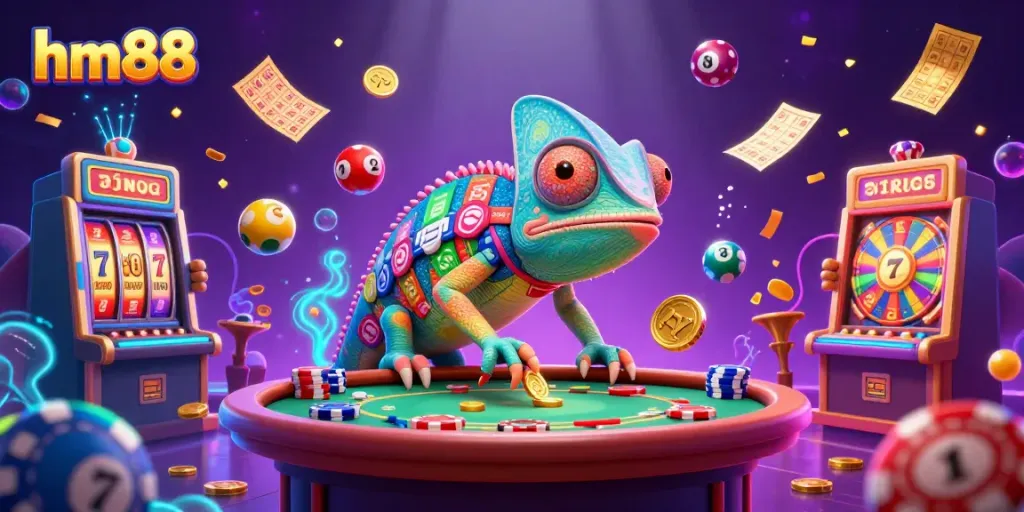 Experience the vibrant world of hm88 with an energetic chameleon casino owner amidst lively gaming elements.