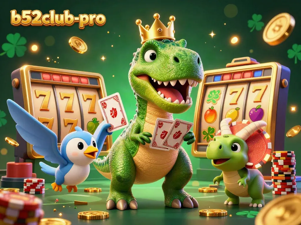 Experience the thrilling action at b52club-pro with T-Rex card shuffling, colorful slots, and chip stacking.