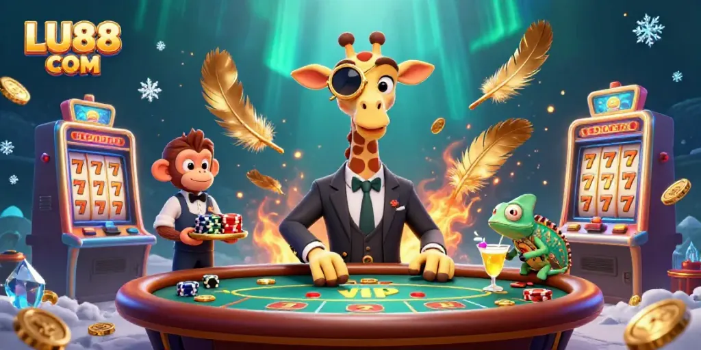LU88 COM showcases a lively 3D scene of a giraffe at a poker table with a monkey valet and chameleon bartender.