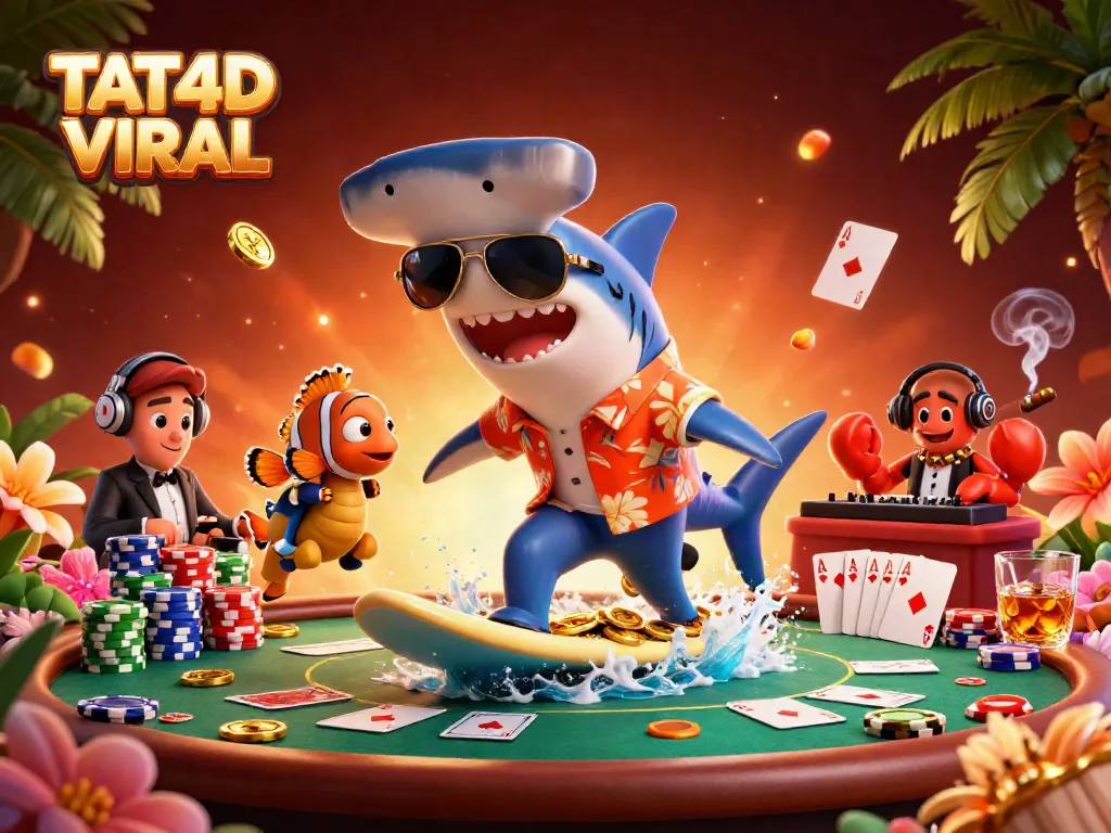Engage with TAT4D VIRAL as a cartoon shark surfs on gold coins amidst a vibrant casino scene.