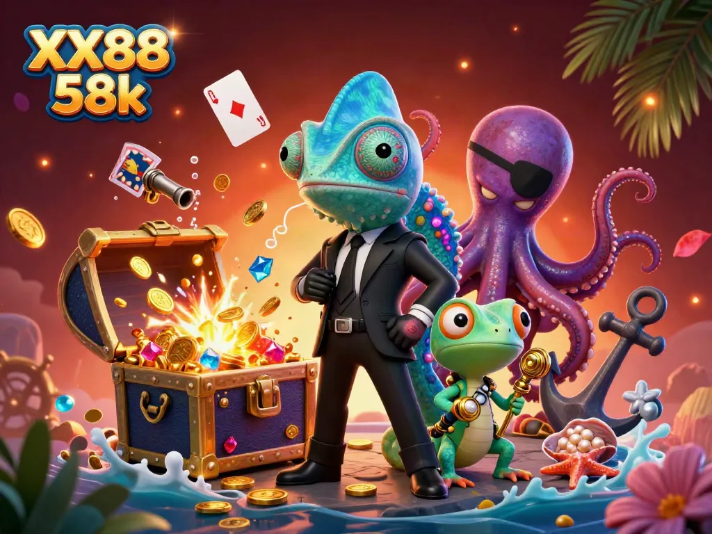 Experience the thrill of XX88 58k with a vibrant casino-themed underwater adventure illustration packed with action.
