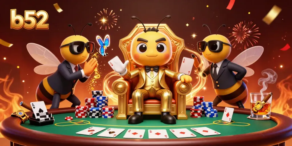 Engage with the b52 mob boss at a vibrant poker table surrounded by casino elements.
