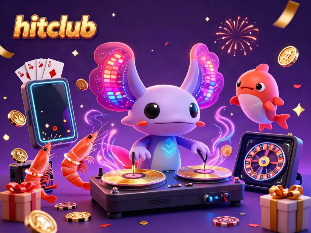 Experience hitclub's vibrant casino atmosphere with a neon axolotl DJ and animated sea creatures.