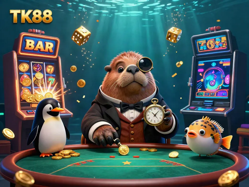 Experience vibrant gameplay at TK88 with a jolly walrus and casino elements in a lively underwater poker scene.