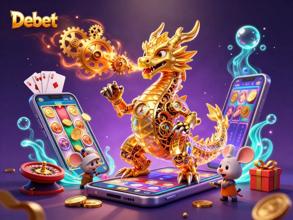 Debet captures an exciting online gaming experience with vibrant slot games and dynamic casino elements.