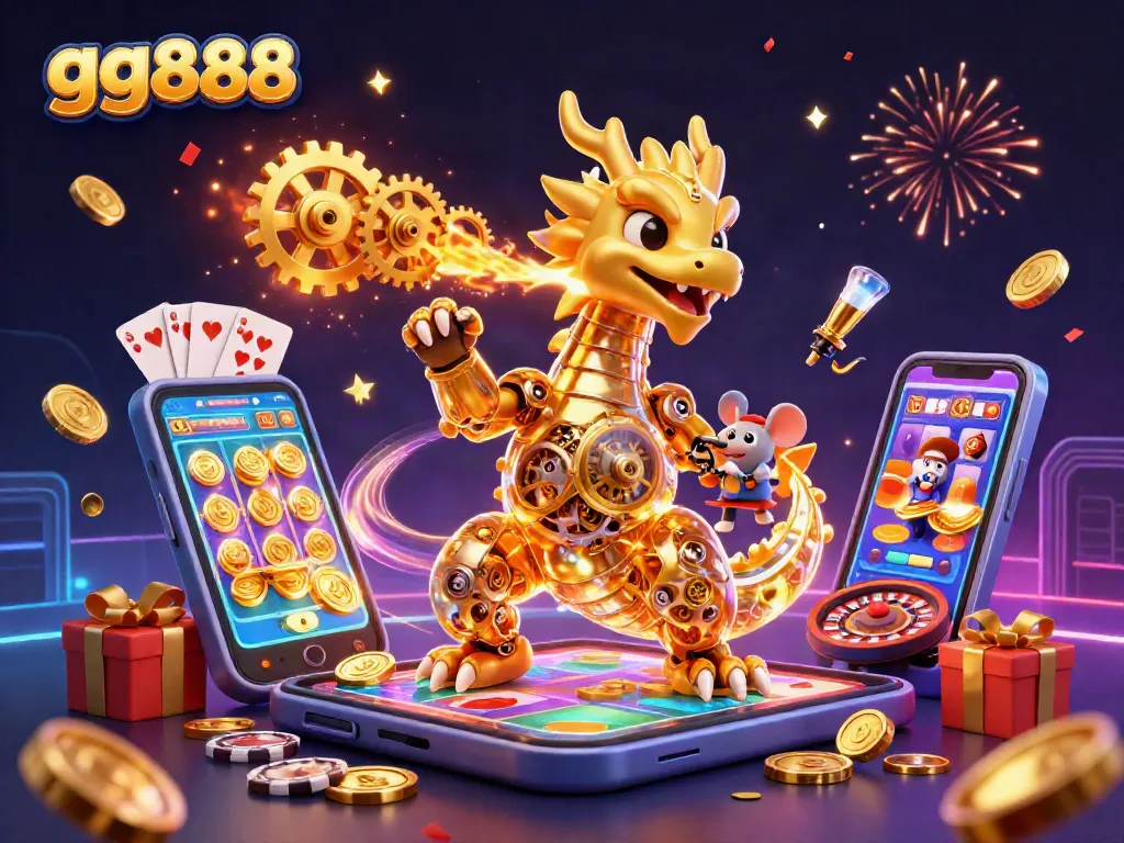 Experience exciting gameplay at gg888, featuring a golden dragon and dynamic casino elements