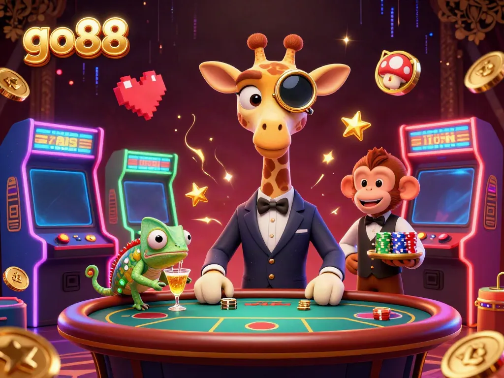 Engage with go88's vibrant 3D casino scene featuring a high-roller giraffe and playful characters.