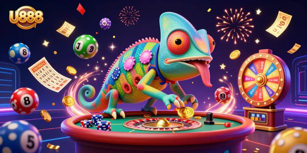 Experience the excitement of U888 with vibrant lottery elements and a colorful casino atmosphere.