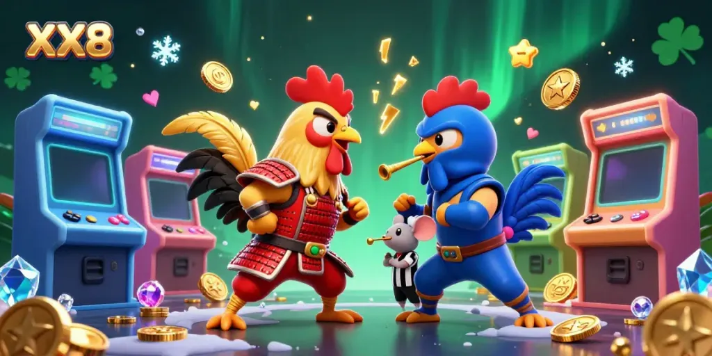 Engage with XX8 in this thrilling illustration of samurai and ninja roosters in an animated casino showdown.