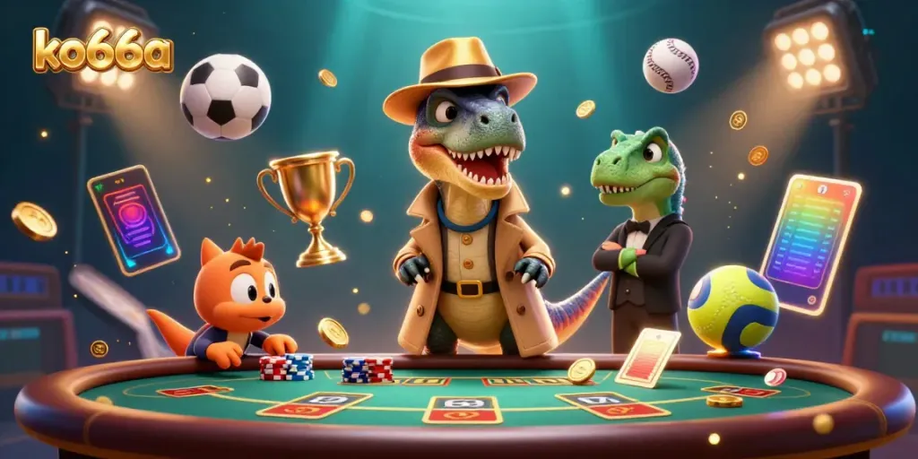 Experience exciting casino action at ko66a with a cartoon velociraptor trying to play blackjack amidst vibrant elements.