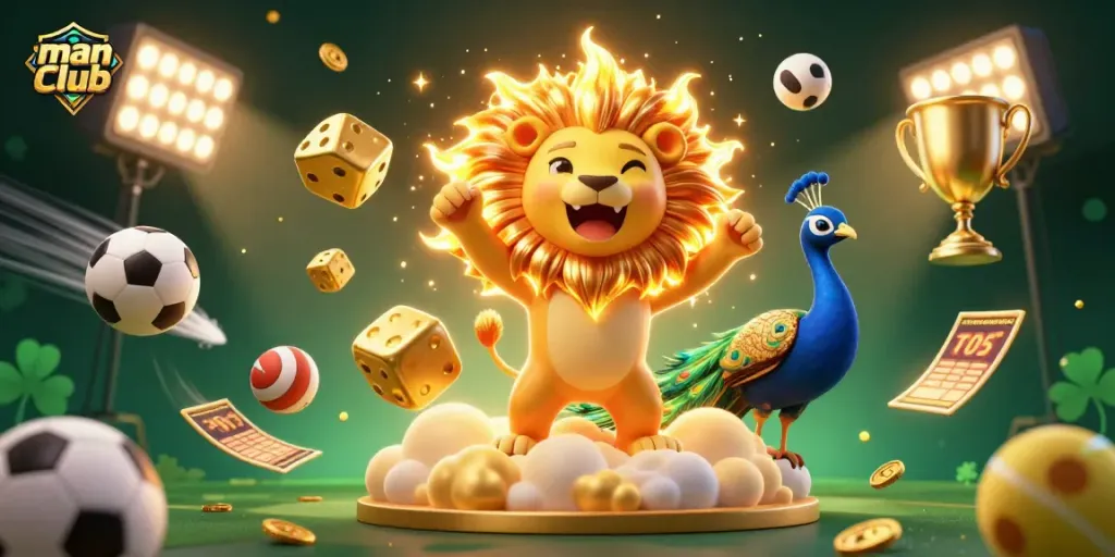 Win big at man club with vibrant 3D visuals showcasing sports betting action and dynamic gaming elements.