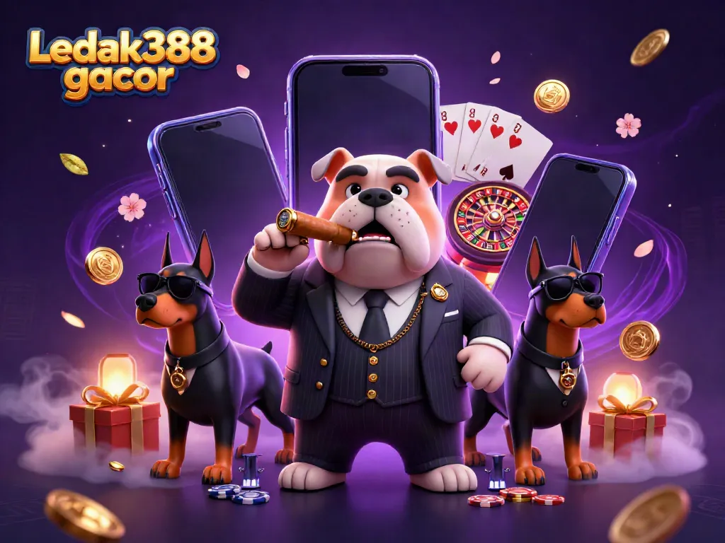 Experience the excitement of Ledak388 gacor with dynamic casino elements, showcasing a modern cartoon illustration.