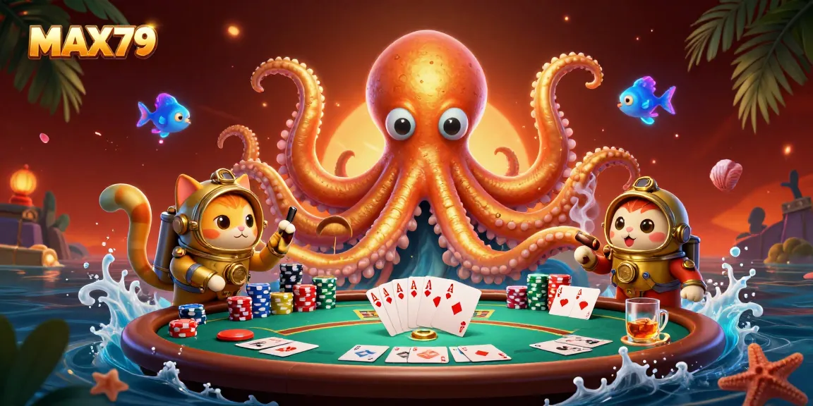 MAX79 players engaging in thrilling poker games with a dynamic kraken character and festive sea creatures.