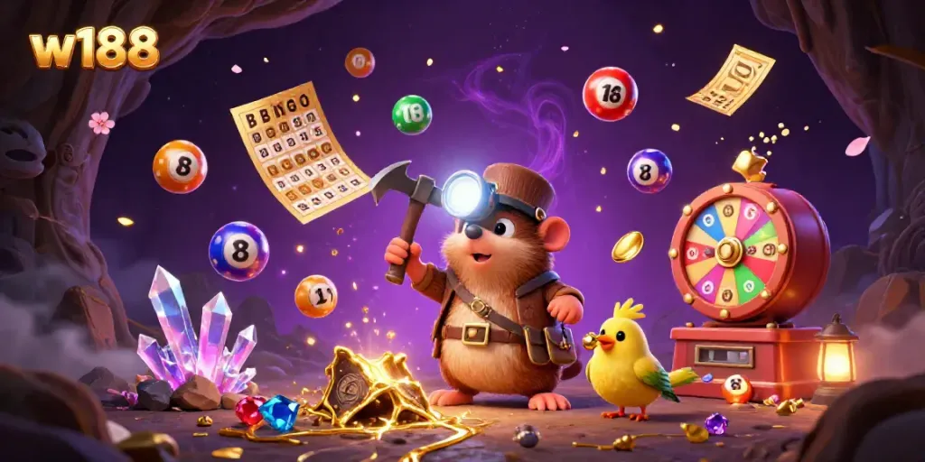 Experience the excitement of w188 with a treasure hunter mole and dynamic lottery elements in this vibrant 3D scene.