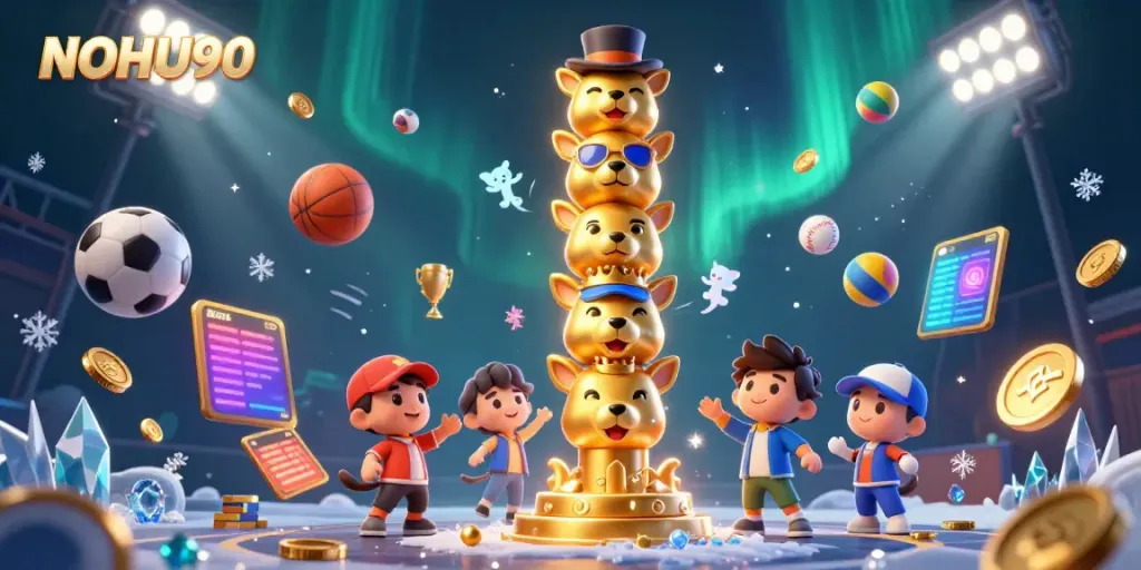 Experience the excitement of NOHU90 with vibrant casino-themed characters and elements.