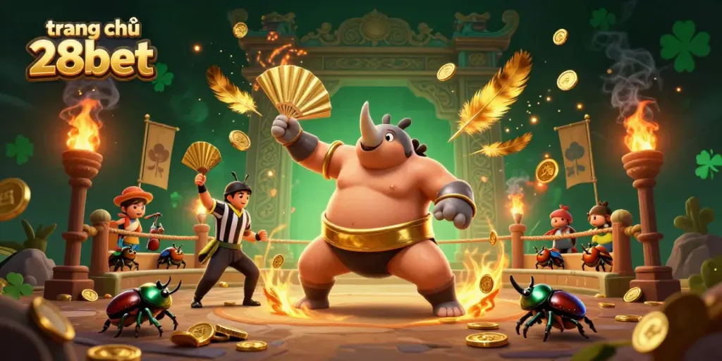 Experience excitement at trang chủ 28bet with a thrilling scene of sumo champion beetles and golden coins.