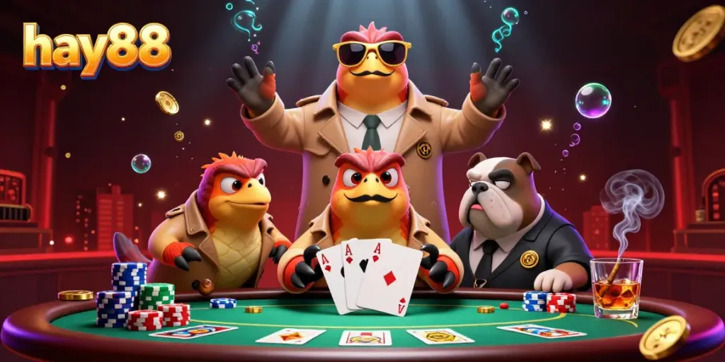 Experience hay88 excitement with three raptors hilariously trying to enter a VIP casino lounge.