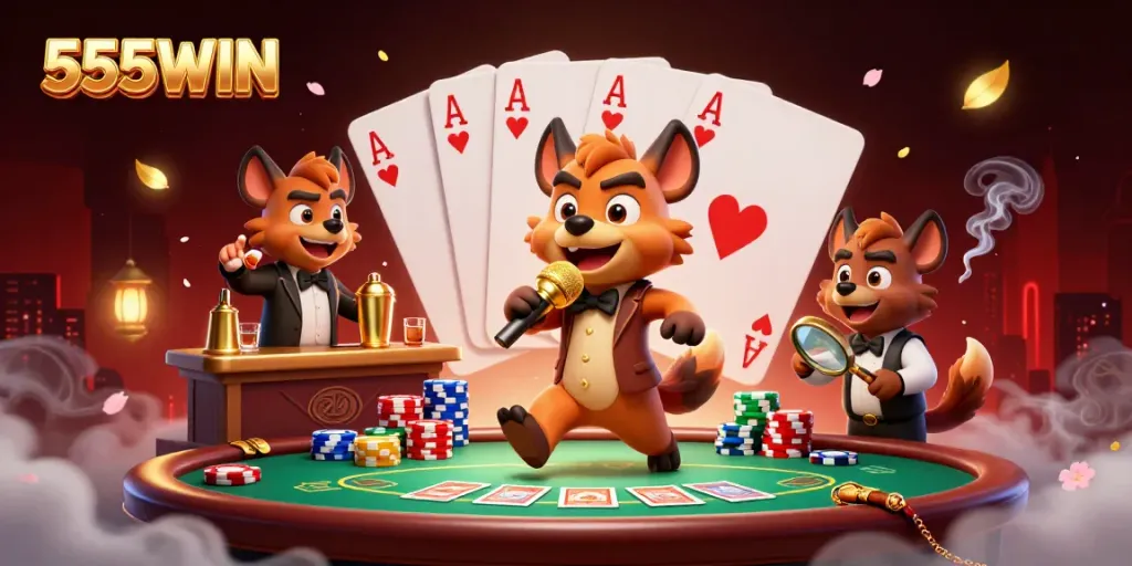 Experience the excitement of 555WIN with a vivid casino scene featuring hyena characters in action.